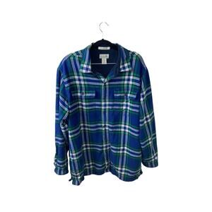 LL Bean Flannel Shirt Jacket Mens Large Navy Green Plaid Fleece Lined Shacket